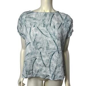 Tahari Tropical Leaf Print Linen Top White Green Size LG